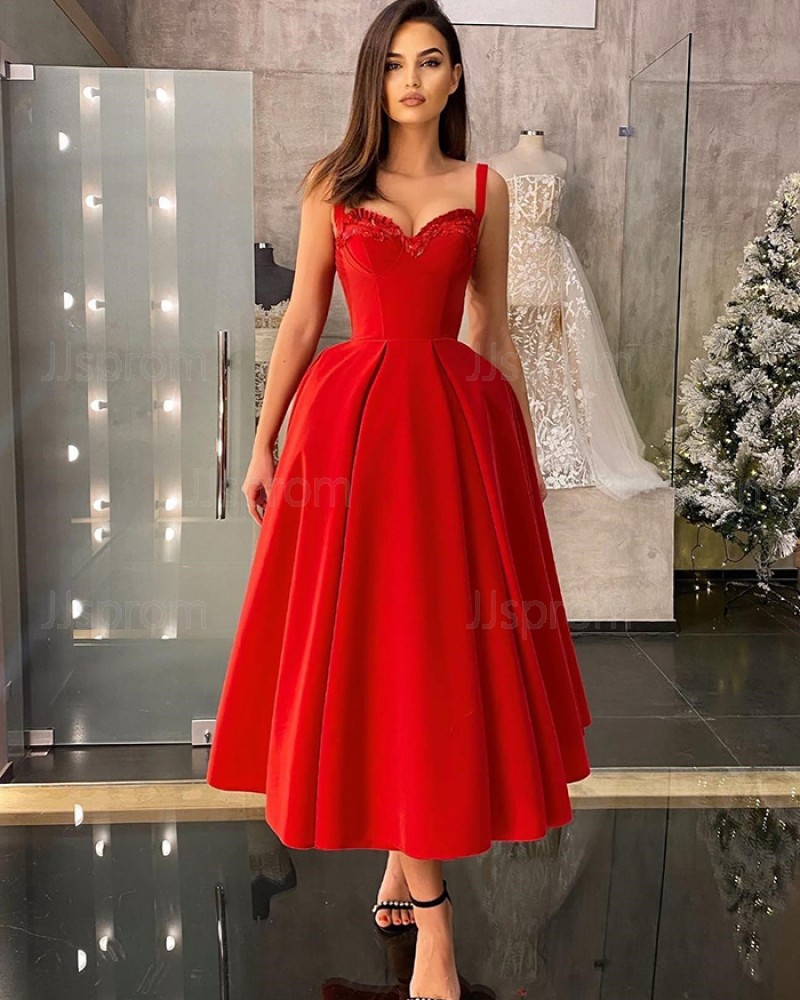 Red Beaded Square Neckline Satin Prom Dress PD2479