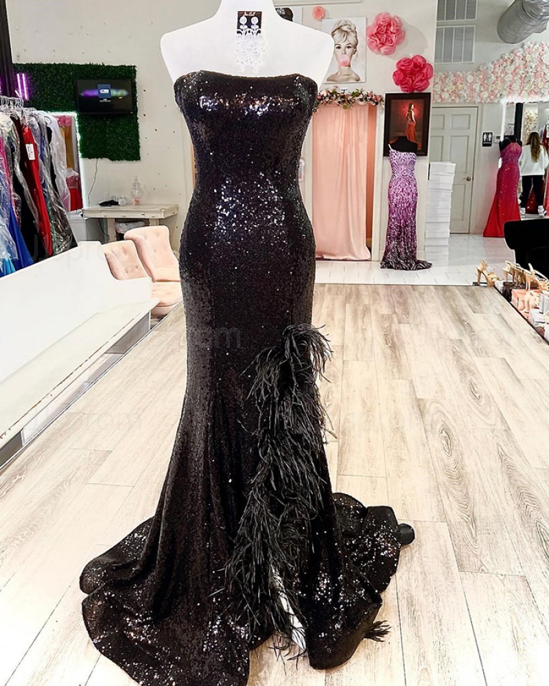 Black Sequin Mermaid Strapless Prom Dress with Feathered Side Slit PD2482