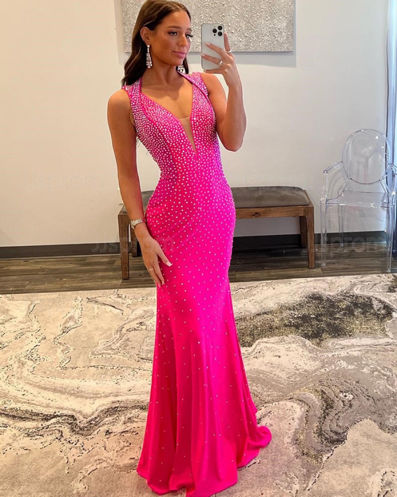 Red Beading Mermaid V-neck Prom Dress PD2488