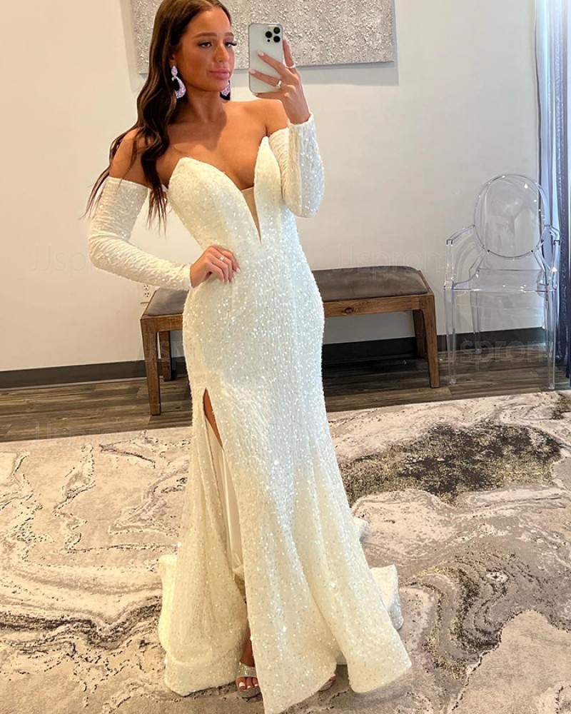 White Sequin Side Slit Mermaid Sweetheart Prom Dress with Removable Sleeves PD2489
