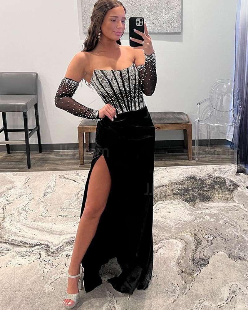Beading Bodice Side Slit Black Strapless Prom Dress with Removable Sleeves PD2492