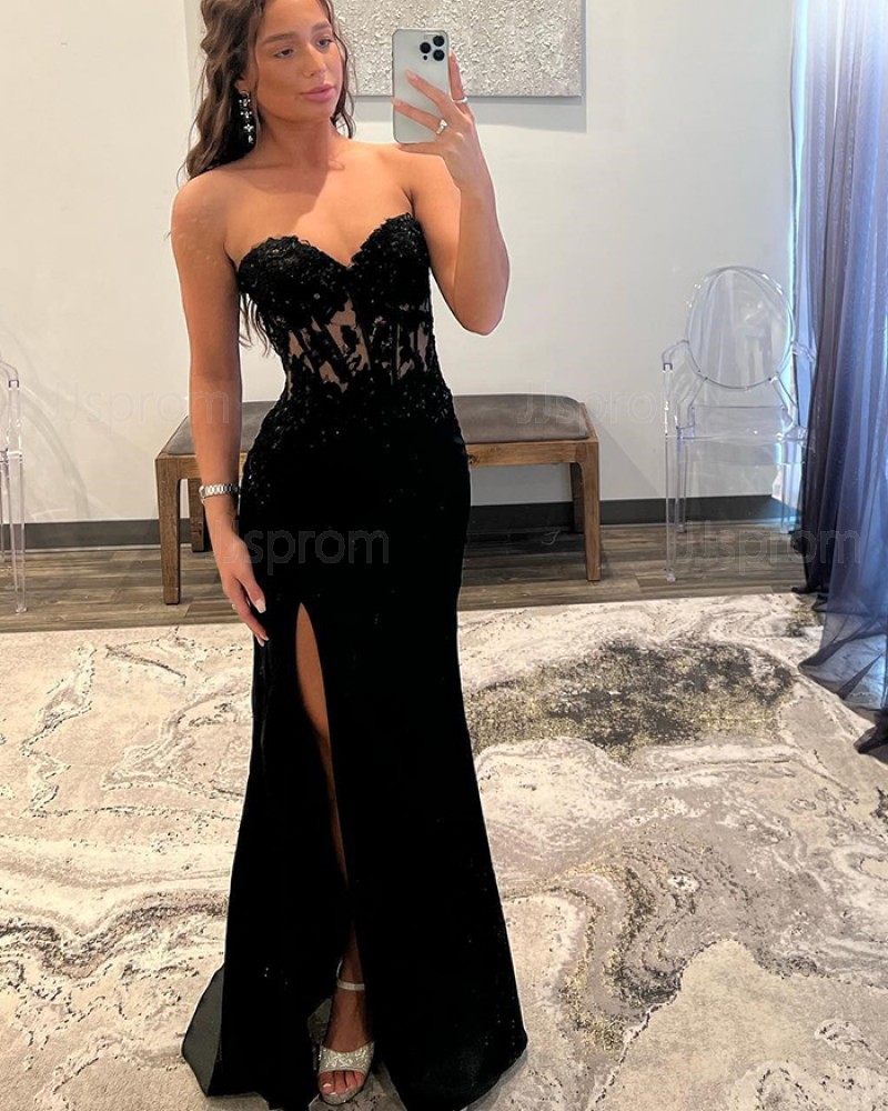 Black Lace Bodice Mermaid Sweetheart Prom Dress with Side Slit PD2498