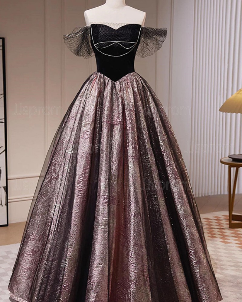 Black & Brown Off the Shoulder Evening Dress with Bubble Short Sleeves PD2505