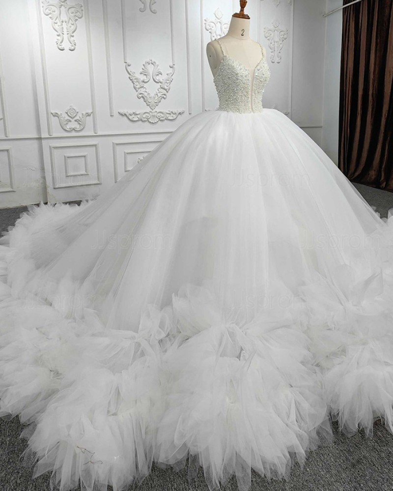 Beading Bodice White Ruffled Spaghetti Straps Ball Gown Evening Dress PD2516