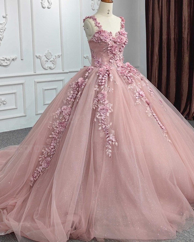 Handmade Flowers Tulle Spaghetti Straps Ball Gown Evening Dress PD2517