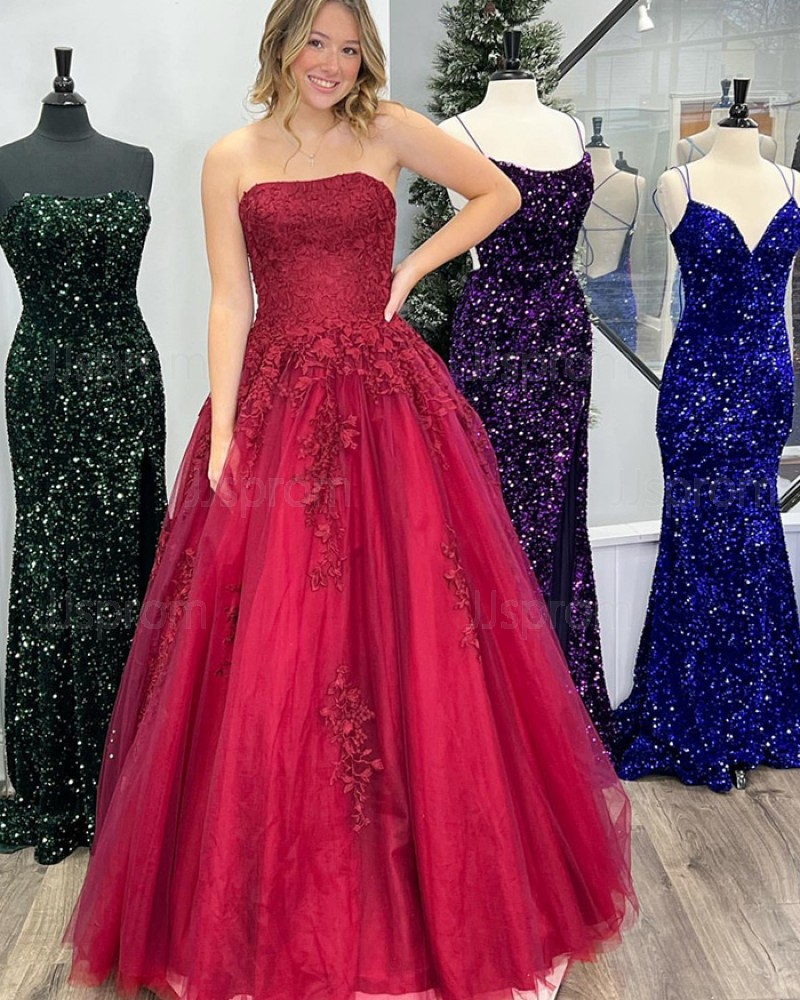 Burgundy Lace Applique A-line Strapless Prom Dress PD2518