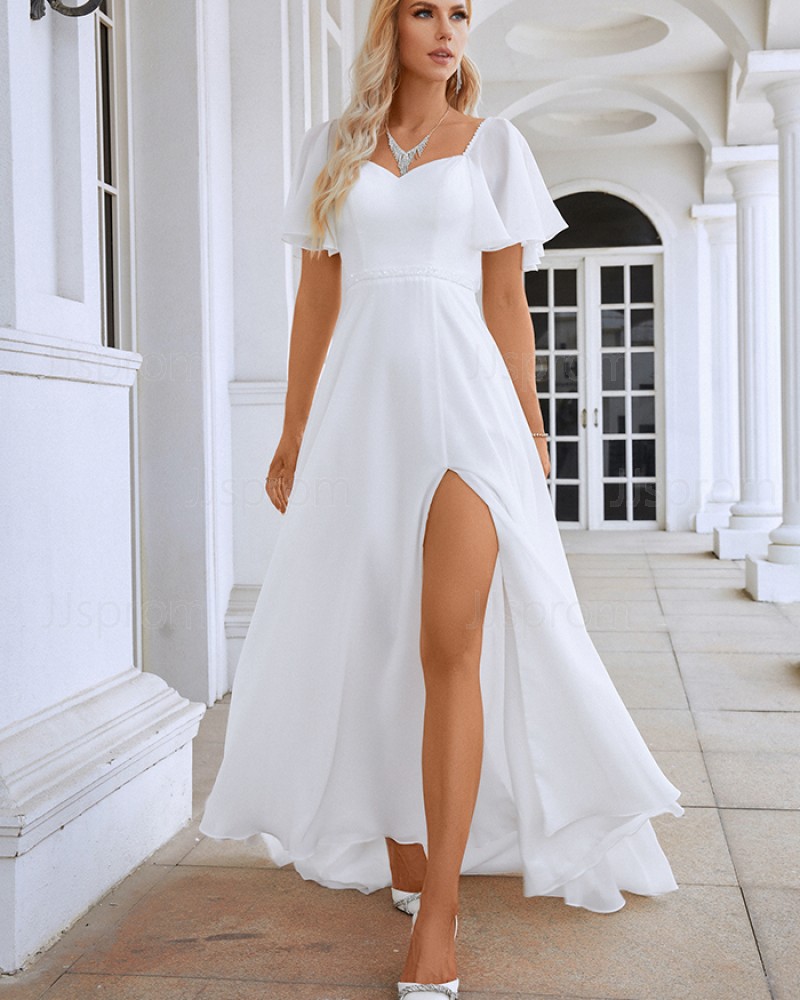 Queen Anne White Chiffon A-line Side Slit Simple Prom Dress with Short Sleeves PD2532