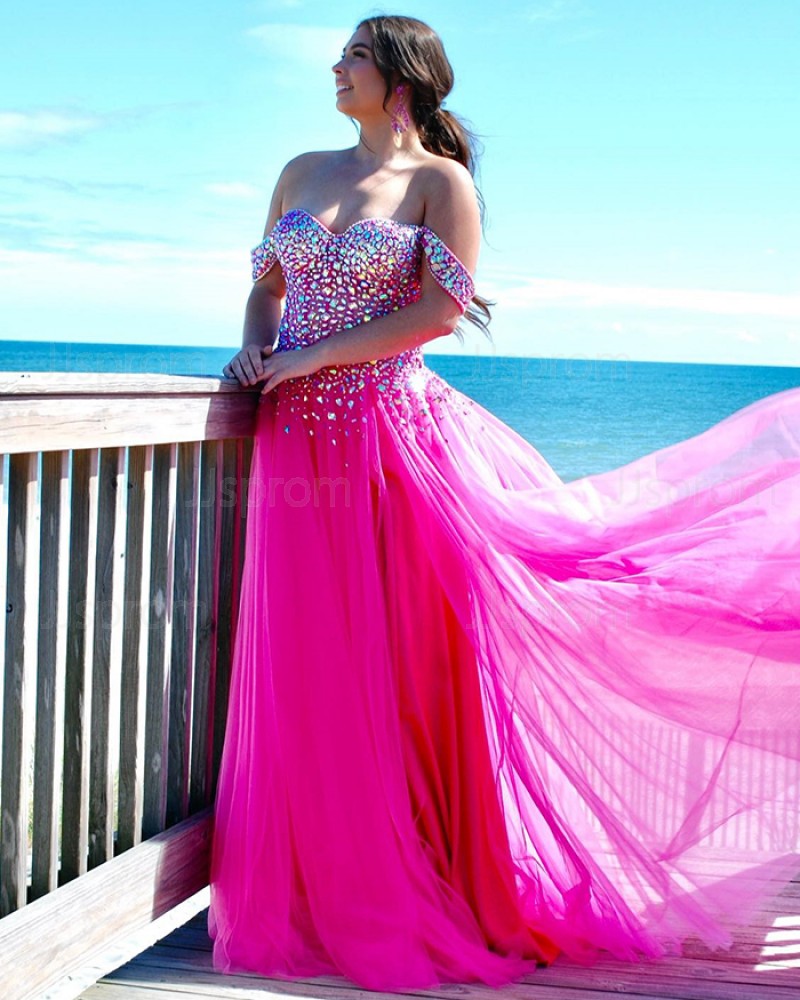 Beading Off the Shoulder Hot Pink Tulle Prom Dress PD2537