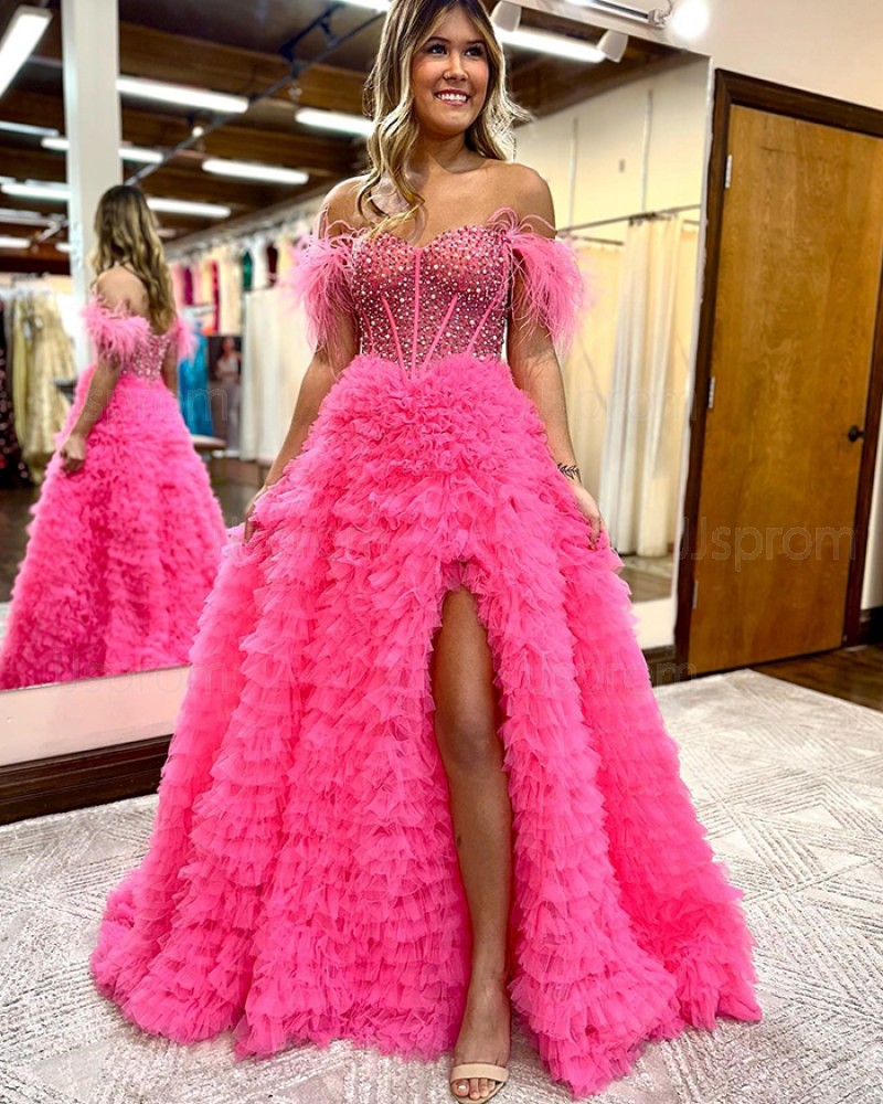 Pink Beading Bodice Off the Shoulder Ruffle Side Slit Prom Dress with Feathers PD2541