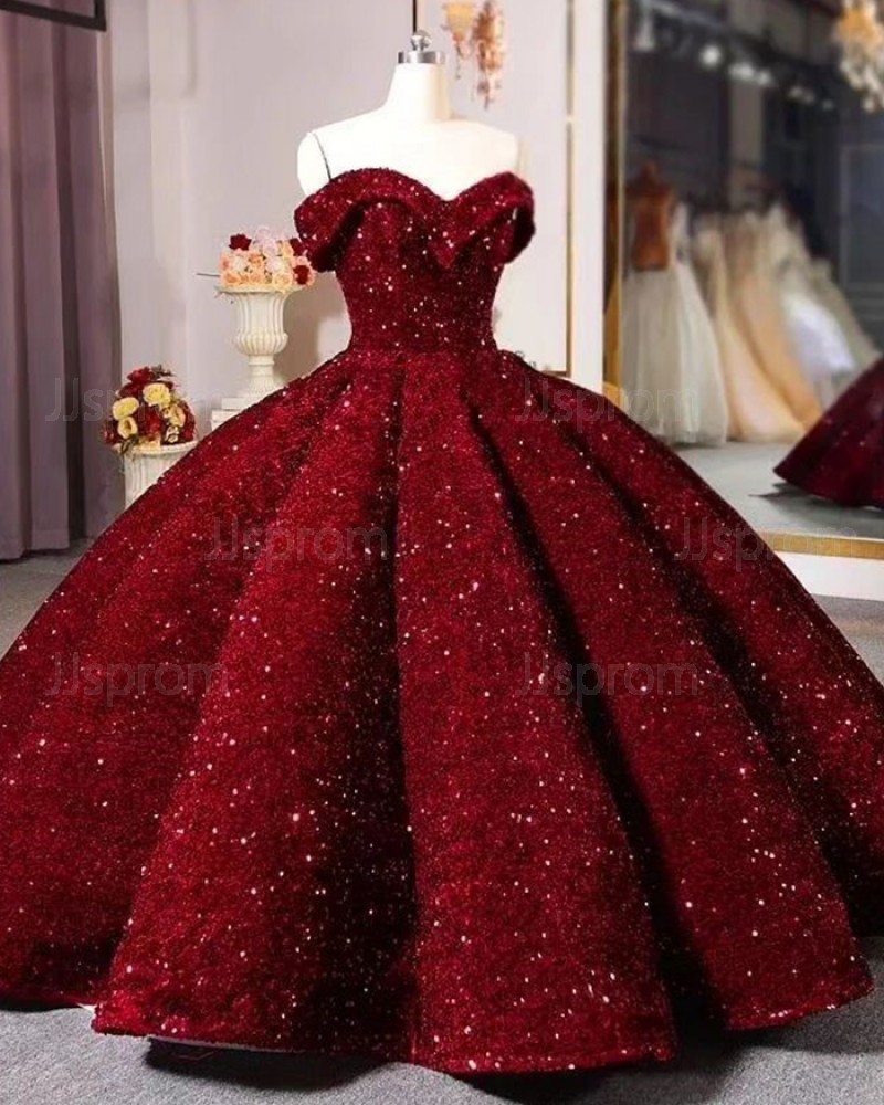 Burgundy Sequin Off the Shoulder Ball Gown Quinceanera Dress PD2545