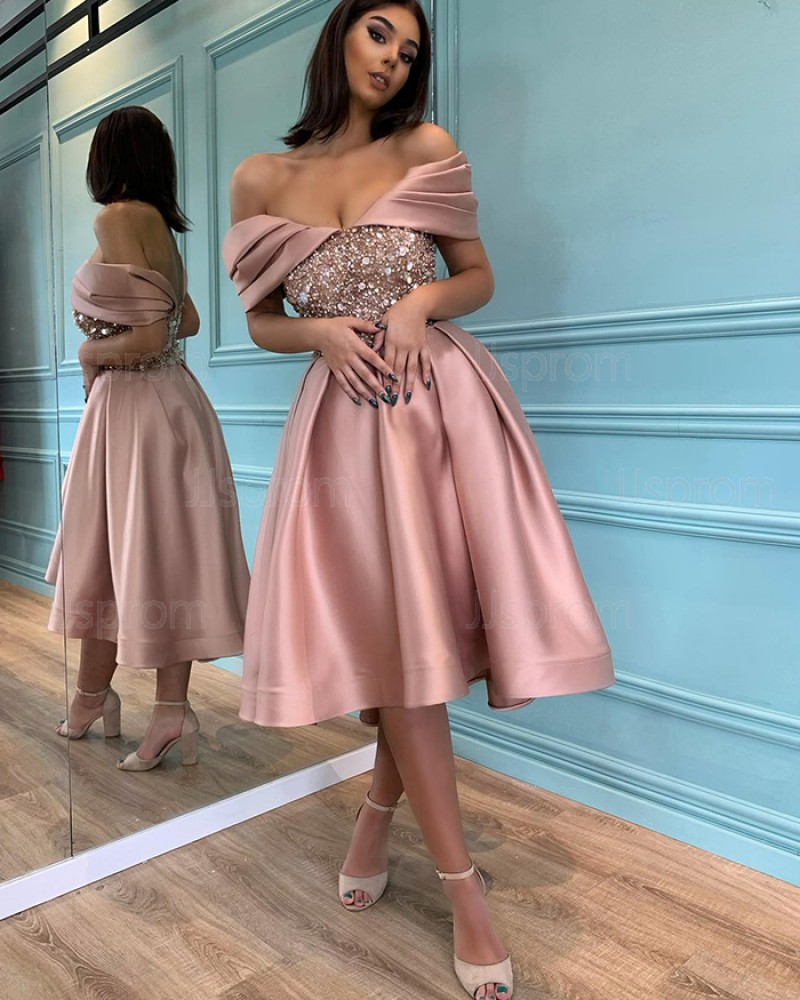 Beading Bodice Off the Shoulder Dusty Pink Satin Graduation Dress PD2575