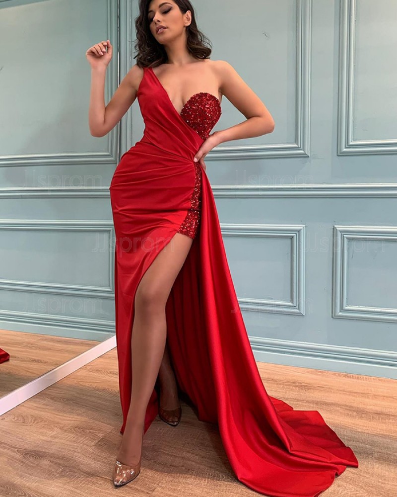 Red Sequin & Satin One Shoulder Mermaid Prom Dress with Side Slit PD2576