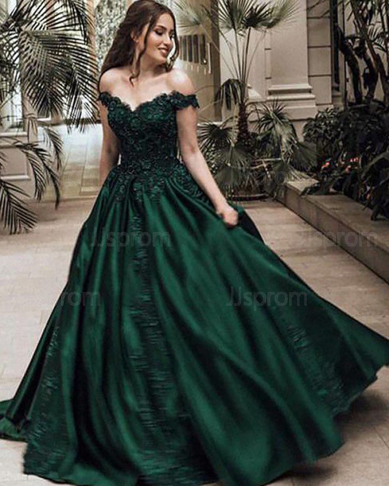 Long Satin Off the Shoulder Appliqued Ball Gown Prom Dress PM1113