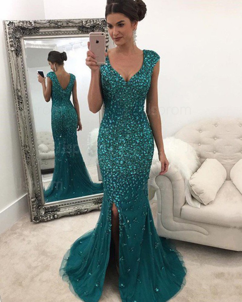 Elegant Green Beading Scoop Side Slit Mermaid Long Formal Dress PM1115