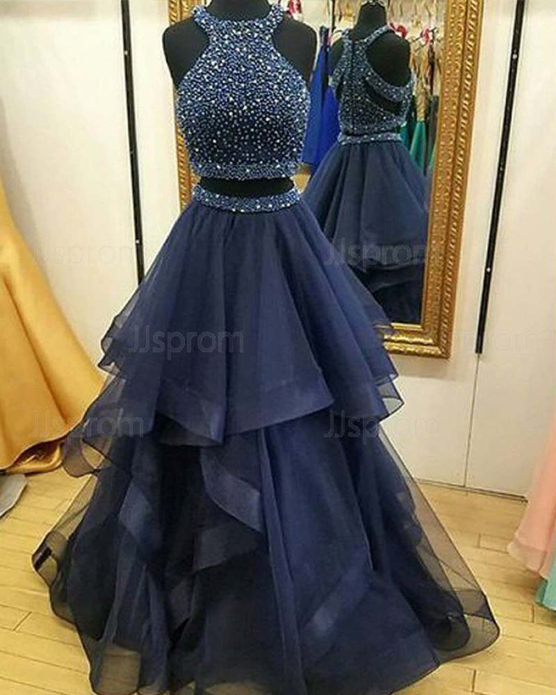 Navy Blue High Neck Two Piece Beading Bodice Tulle Prom Dress PM1122