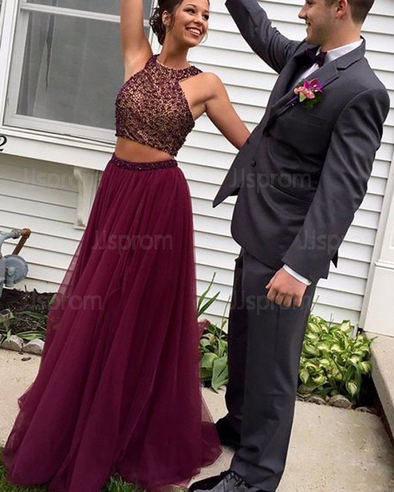 Long Two Piece High Neck Burgundy Beading Prom Dress PM1125