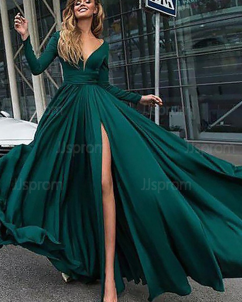 Deep V-neck Satin Green Side Slit Long Sleeve Formal Dress PM1126