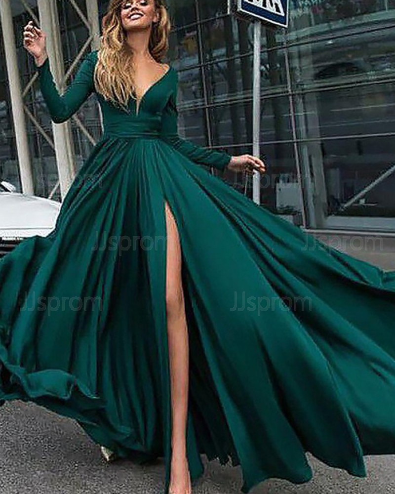 Buy deep v neck satin green side slit long sleeve formal dress pm1126 online at JJsprom