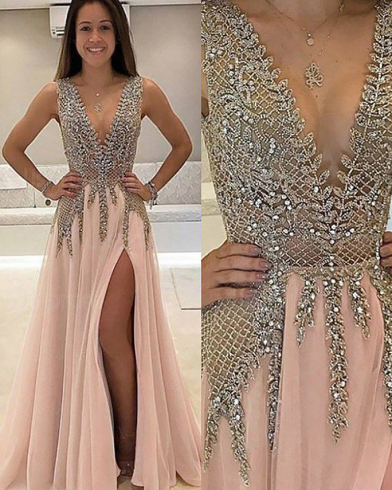 V-neck Long Lace Beading Bodice Pink Prom Dress with Side Slit PM1132