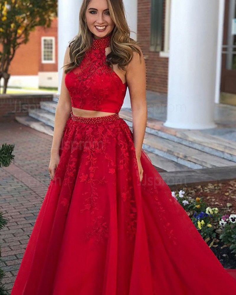 Long Red High Neck Two Piece Lace Appliqued Prom Dress PM1133