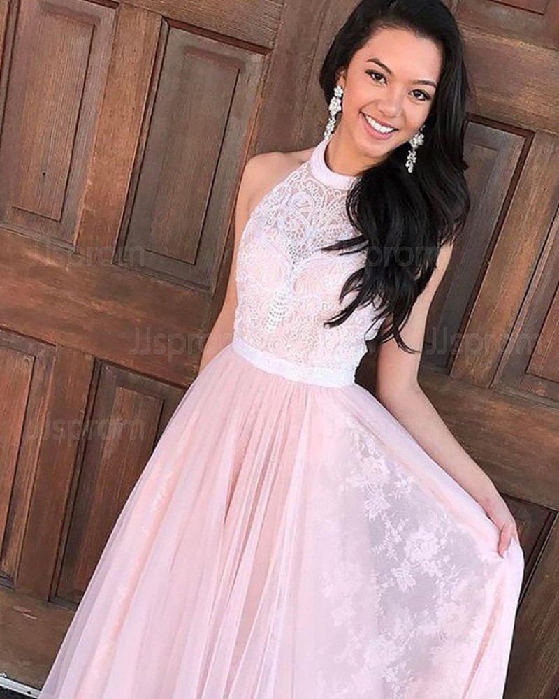 Long Pink High Neck Lace Pleated Prom Dress PM1135