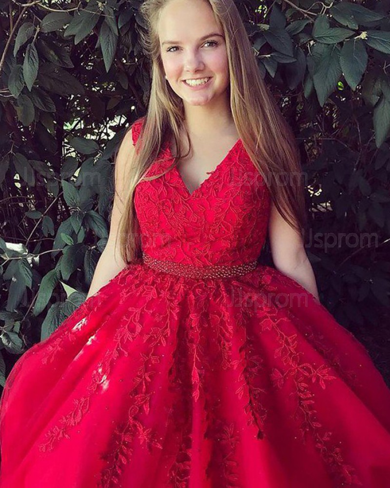 Long Red V-neck Appliqued Prom Dress with Beading Belt PM1136