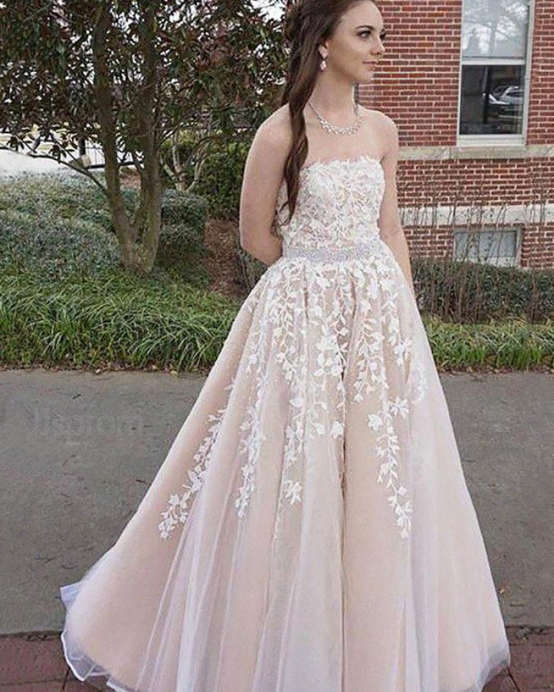 Long Pink Tulle Strapless Appliqued Prom Dress with Beading Belt PM1144