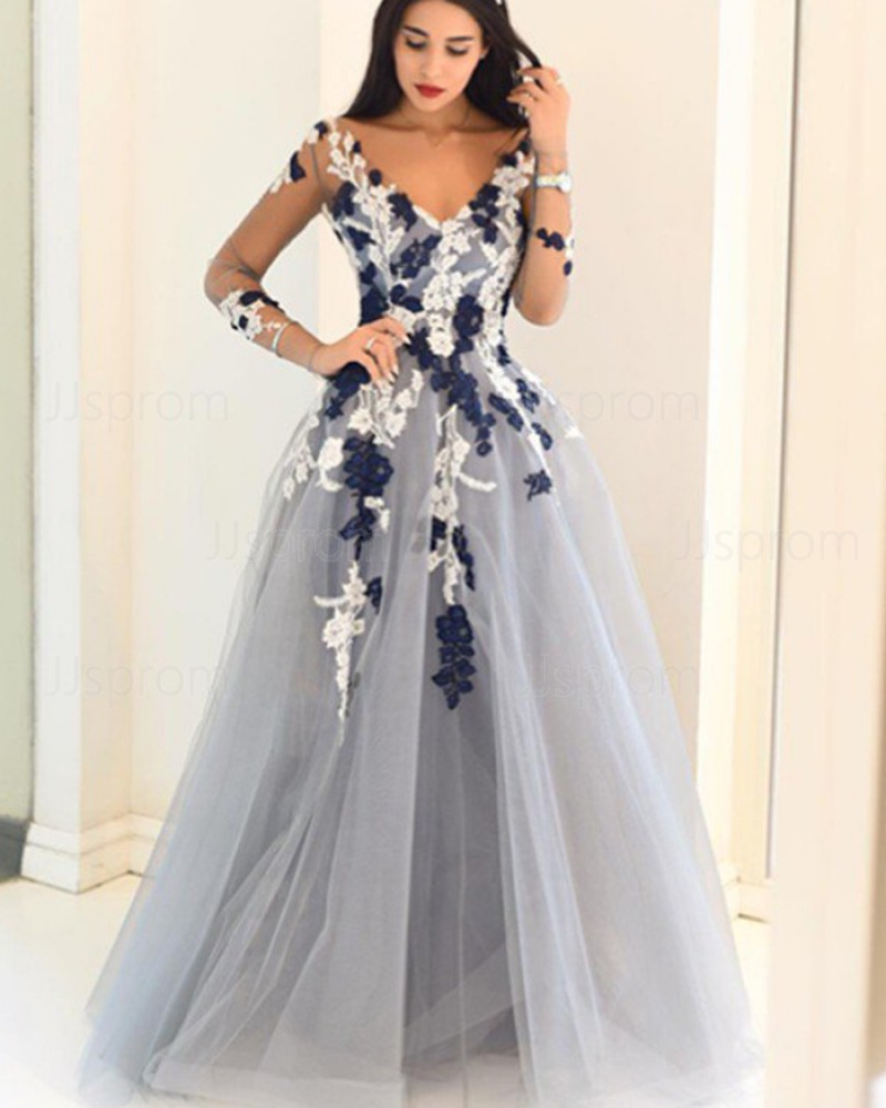 Dusty Blue Appliqued V-neck Ball Gown Prom Dress with Long Sleeves PM1146