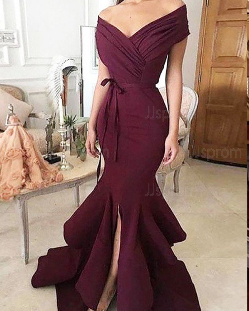 Burgundy Mermaid Off the Shoulder Ruched Prom Dress with Front Slit PM1148