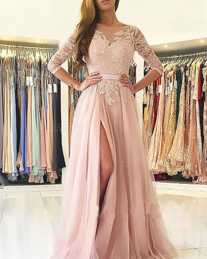 Long Chiffon Slit Bateau Pink Appliqued Prom Dress with 3/4 Length Sleeves PM1152
