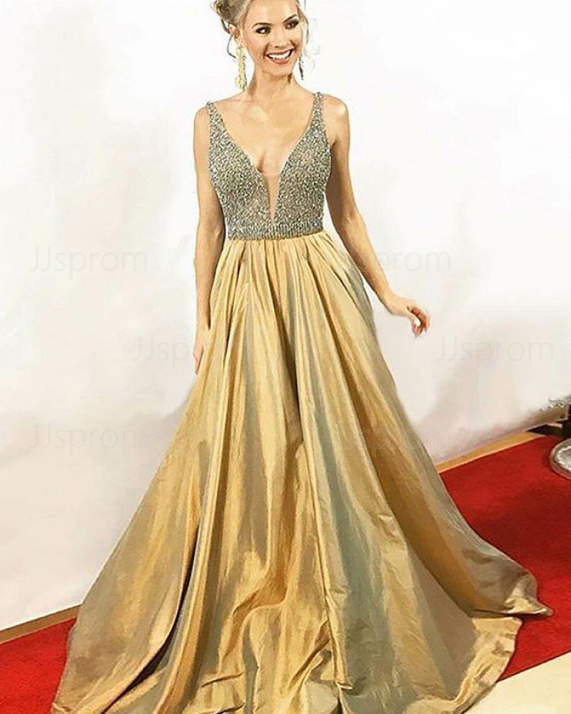 Elegant Long Gold Satin V-neck Beading Bodice Prom Dress PM1155
