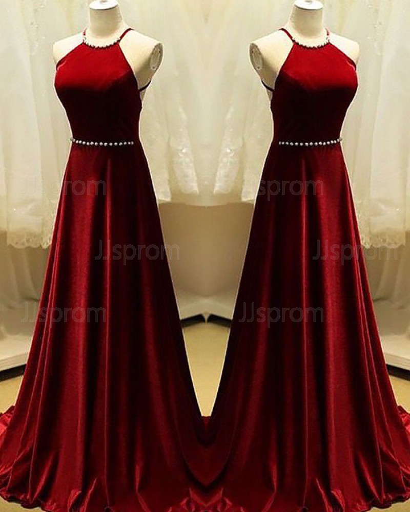 Long Red Halter Satin A-line Prom Dress with Beading PM1158