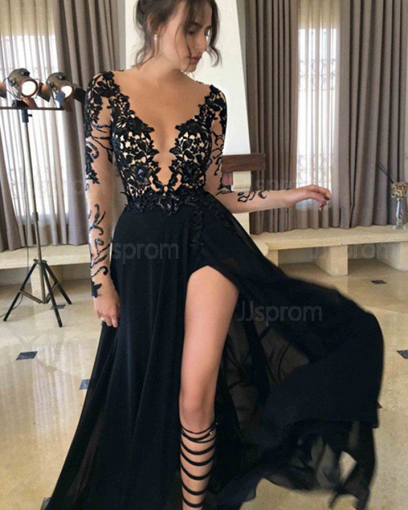 Long Black Sheer Neck Sequin Lace Slit Prom Dress PM1159