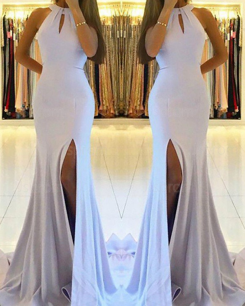 Long Dusty Blue High Neck Cutout Satin Mermaid Prom Dress with Side Slit PM1160