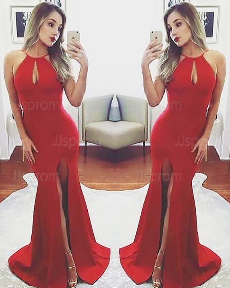 Long Red Halter Satin Mermaid Front Slit Prom Dress PM1174