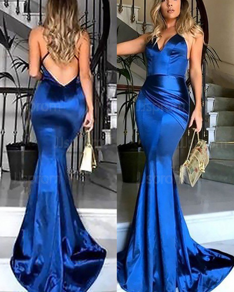 Royal Blue Spaghetti Straps Ruched Mermaid Prom Dress PM1177