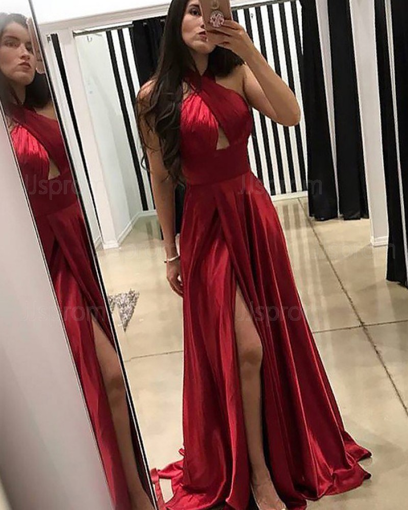 Long Red Satin Crisscross Pleated Prom Dress with Front Slit PM1180