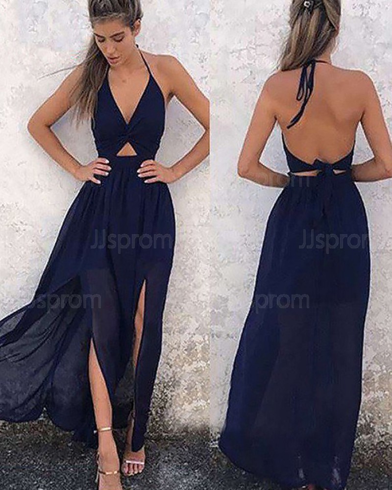 Navy Blue Chiffon Halter Cutout Prom Dress with Double Slits PM1185