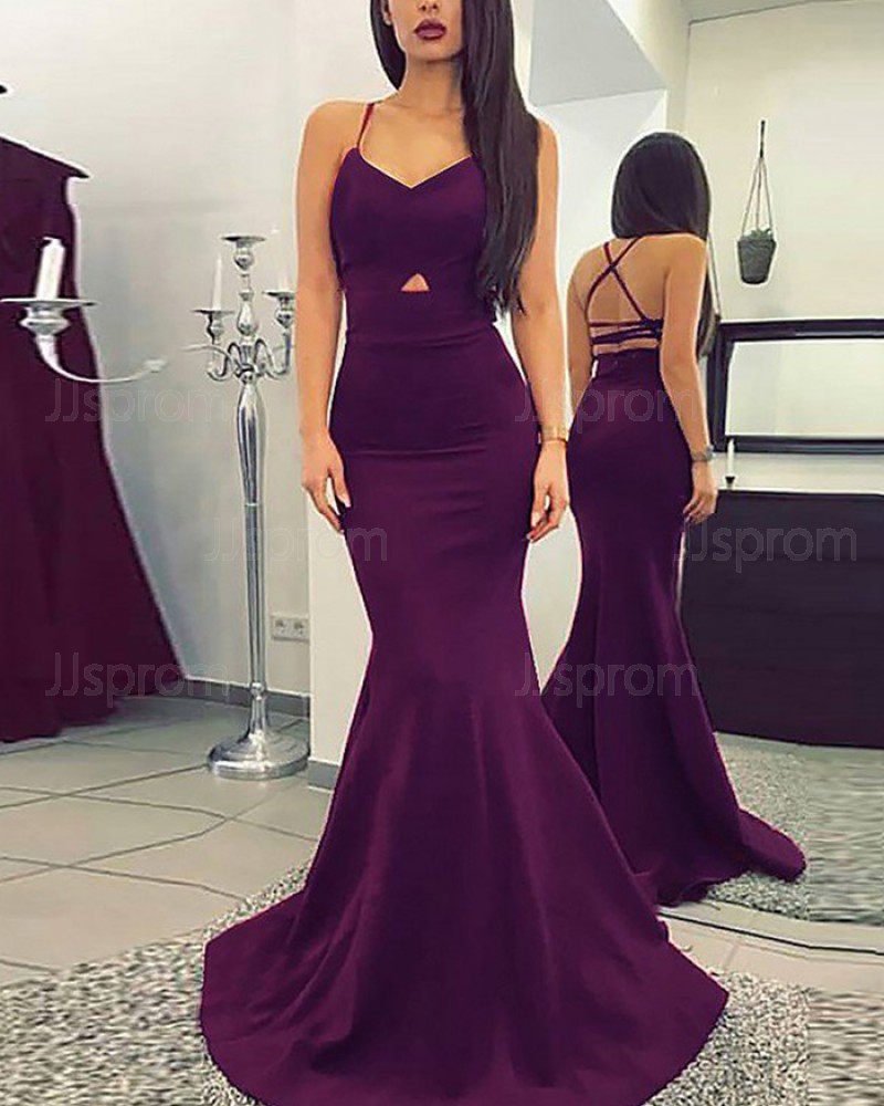 Long Purple Spaghetti Straps Cutout Mermaid Prom Dress PM1186
