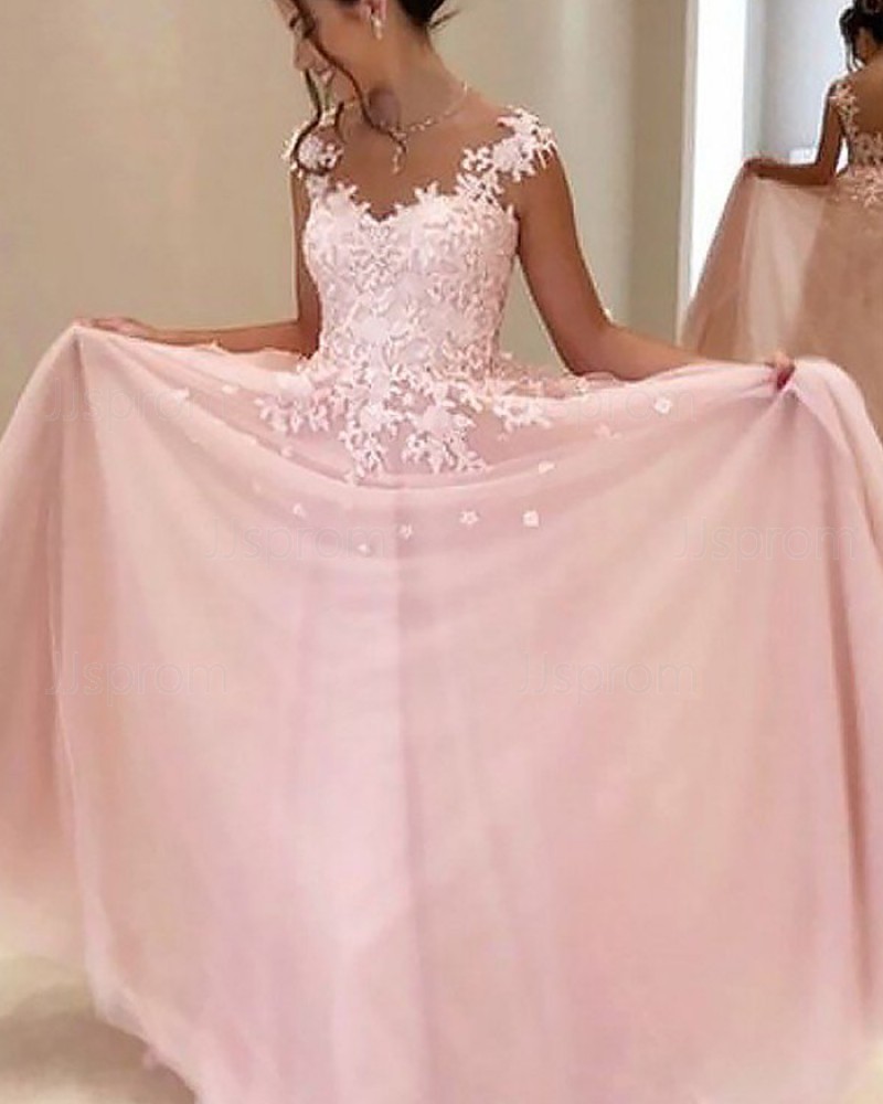 Long Pink Chiffon Sheer Neck Appliqued Prom Dress PM1187