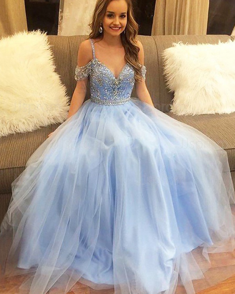 Long Tulle Cold Should Light Blue Beading Bodice Prom Dress PM1192
