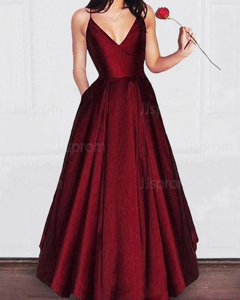 Simple Long Burgundy Spaghetti Straps Pleated Satin Prom Dress with Pockets PM1195