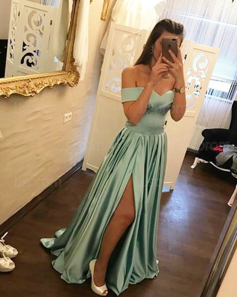 Simple Long Sage Off the Shoulder Pleated Prom Dress with Side Slit PM1196