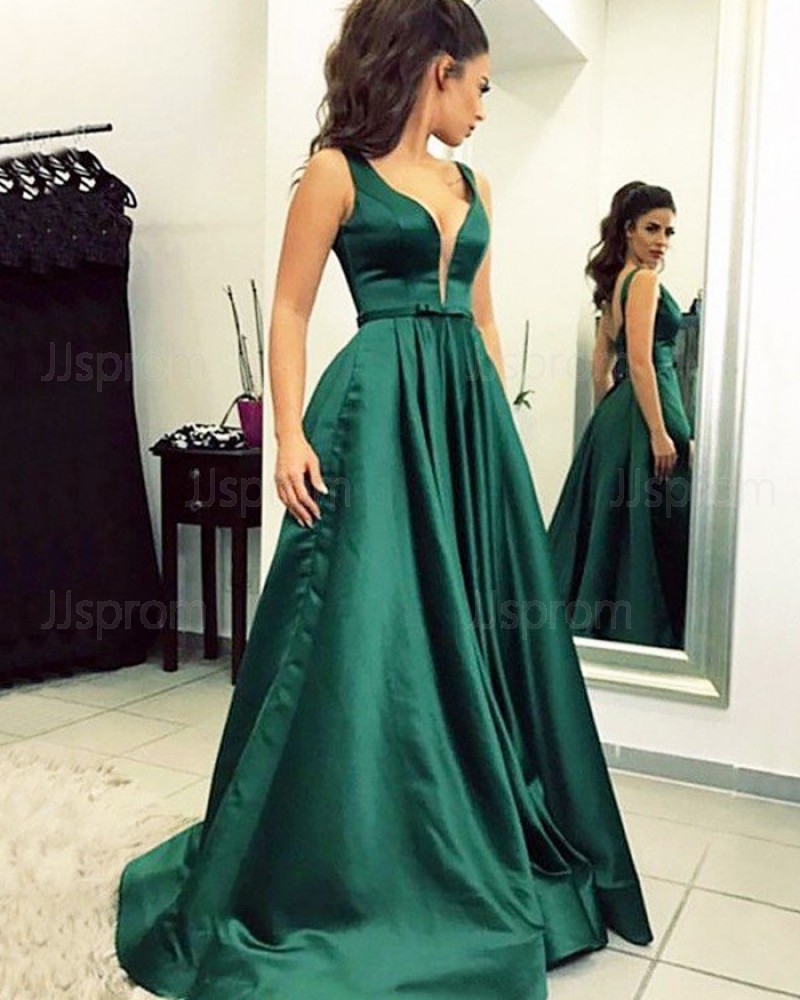 Simple Green Satin Pleated V-neck Ball Gown Prom Dress PM1199