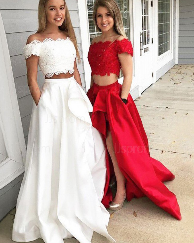 White Off the Shoulder Two Piece Slit Prom Dress with Pockets PM1214