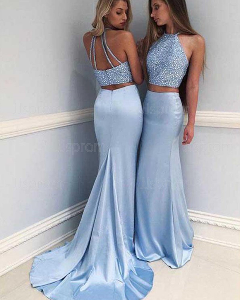 Two Piece Blue Halter Beading Satin Mermaid Prom Dress PM1215