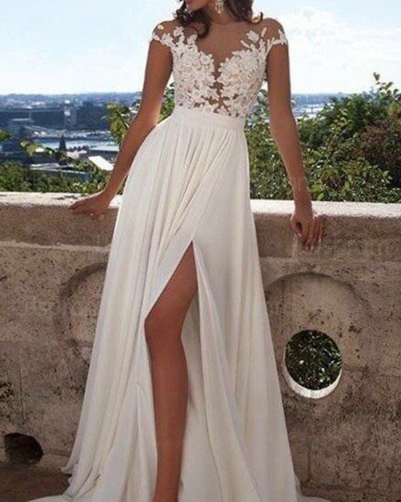 Long Ivory Chiffon Sheer Lace Appliqued Wedding Dress with Side Slit PM1223