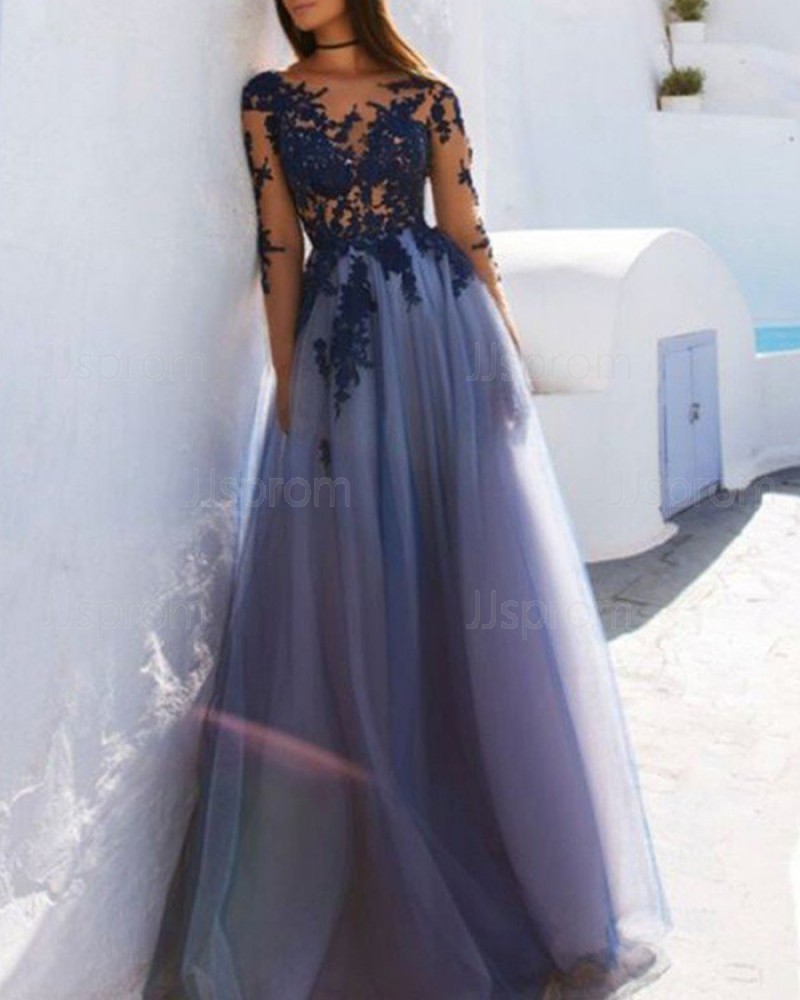 Blue Bateau Appliqued Tulle Prom Dress with Long Sleeves PM1224