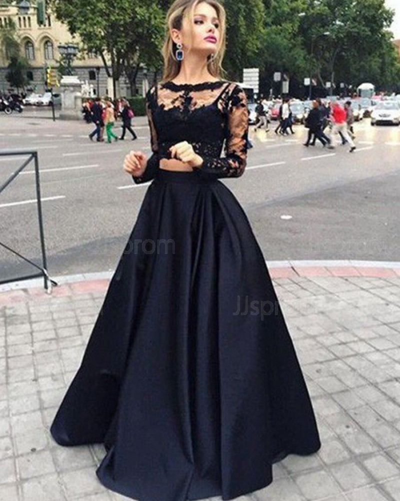 Two Piece Black Lace Bodice Satin Prom Dress with Long Sleeves PM1232