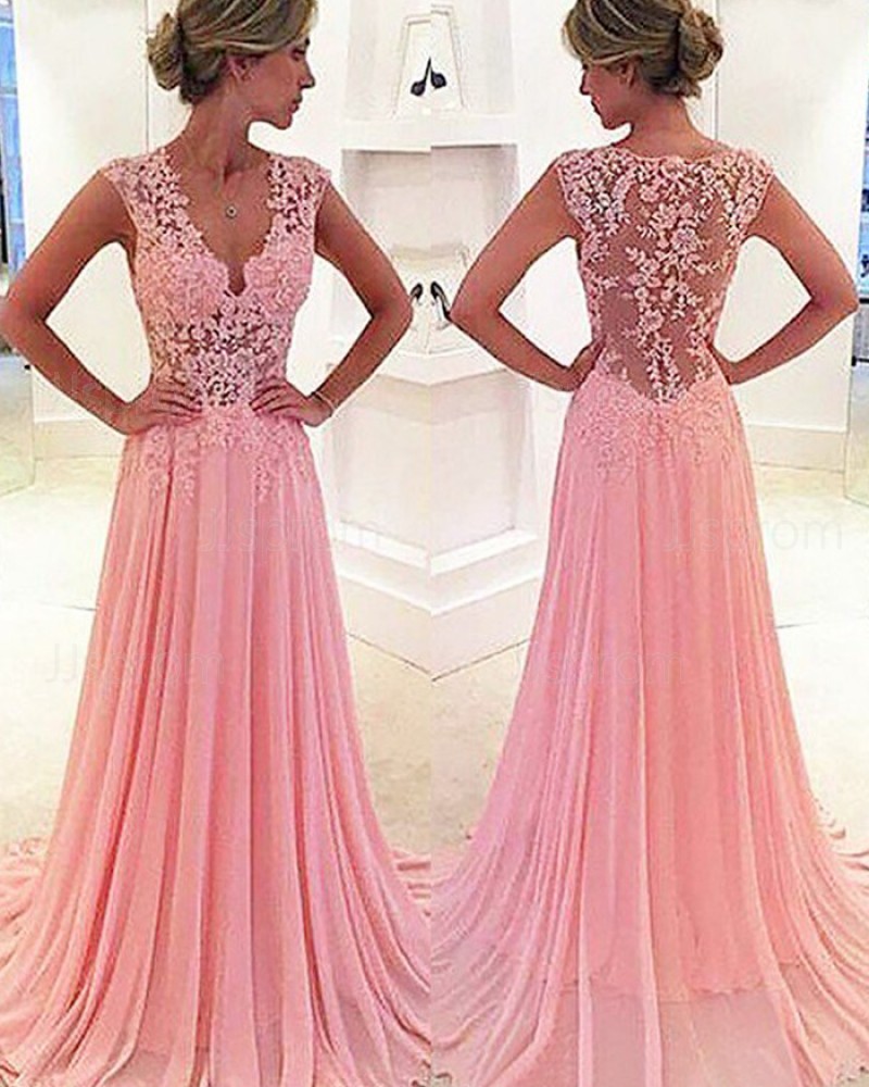Long Pink Chiffon V-neck Lace Appliqued Prom Dress PM1237